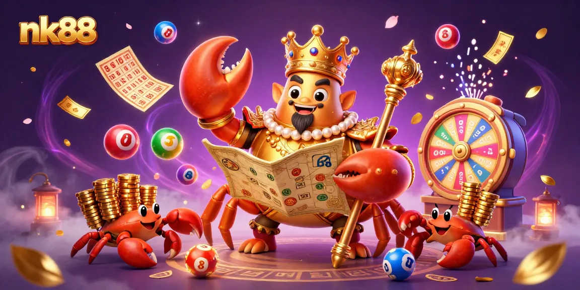 Experience nk88's vibrant lottery action with a golden crab emperor and dynamic game elements.