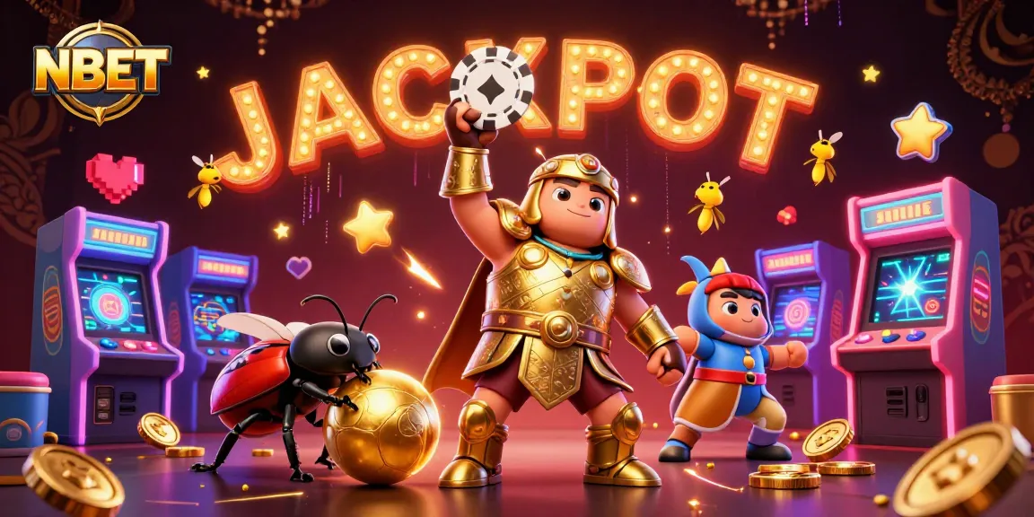 Experience NBET's thrilling jackpot with animated characters in a vibrant casino scene.