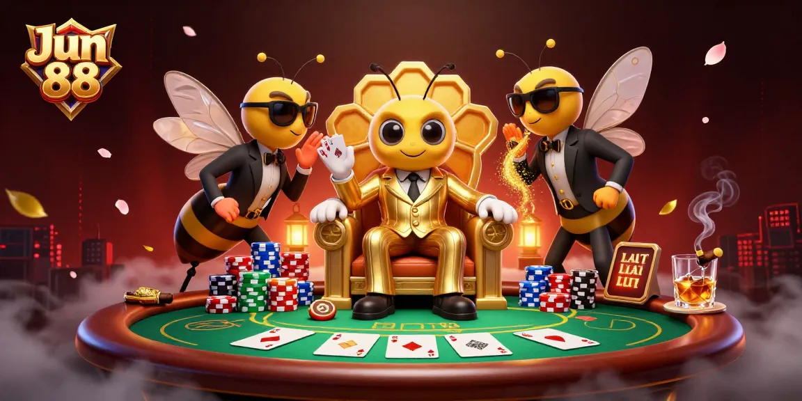 Engage with Jun 88 at an extravagant poker table scene featuring a cartoon mob boss.