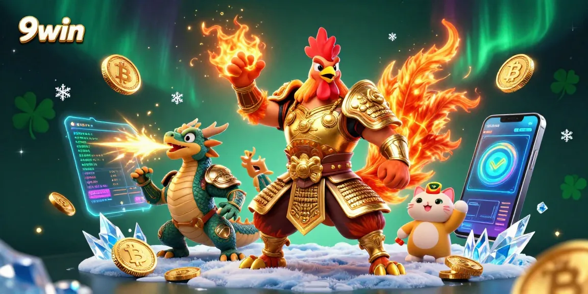 9win showcases an epic battle scene with a rooster warrior and dragon hatchling, featuring NFTs and cryptocurrencies.