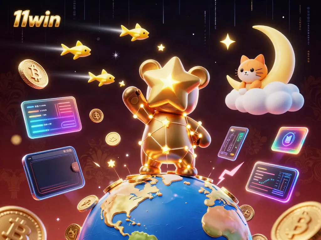 Experience the exciting world of 11win with a cosmic-themed illustration featuring a constellation bear and glowing cryptocurrencies.