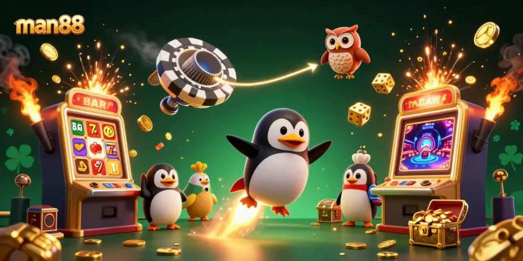 Experience exciting gaming at man88 with a golden penguin rocket blasting off towards a thrilling casino universe.