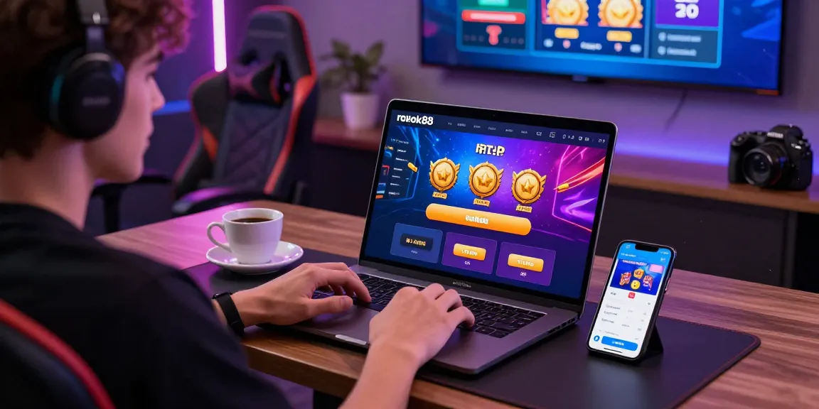 Engaging online gambling setup showcasing rokok88 rtp platform with vibrant game graphics and user interaction.