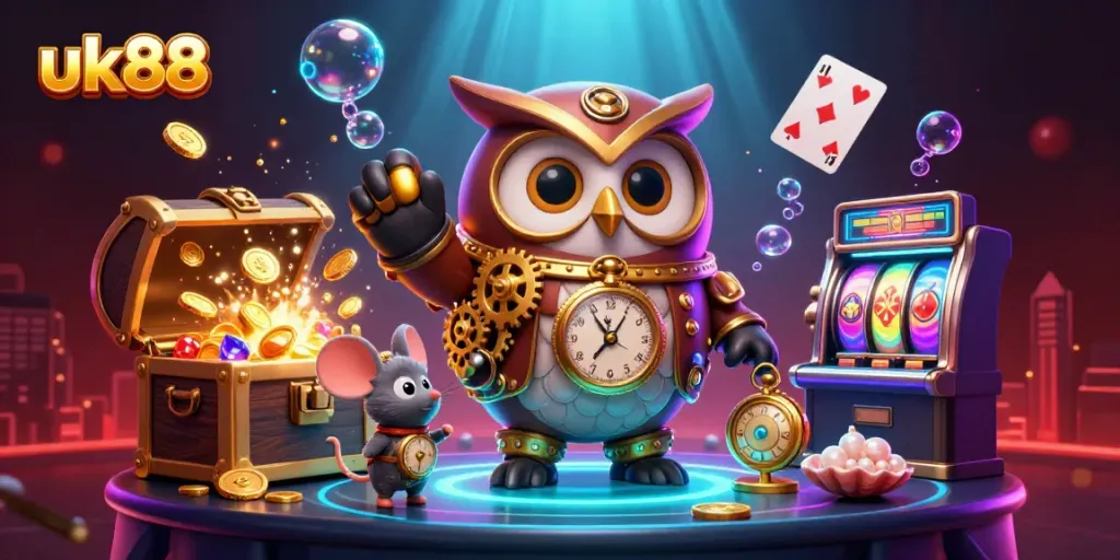 Experience exciting jackpots and wins with uk88 in this detailed casino-themed illustration.