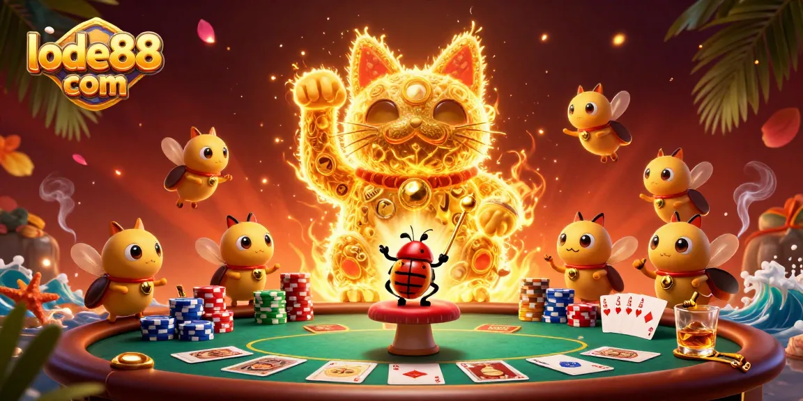 Experience the excitement of lode88 com with a lucky cat and poker elements in a 3D digital illustration.