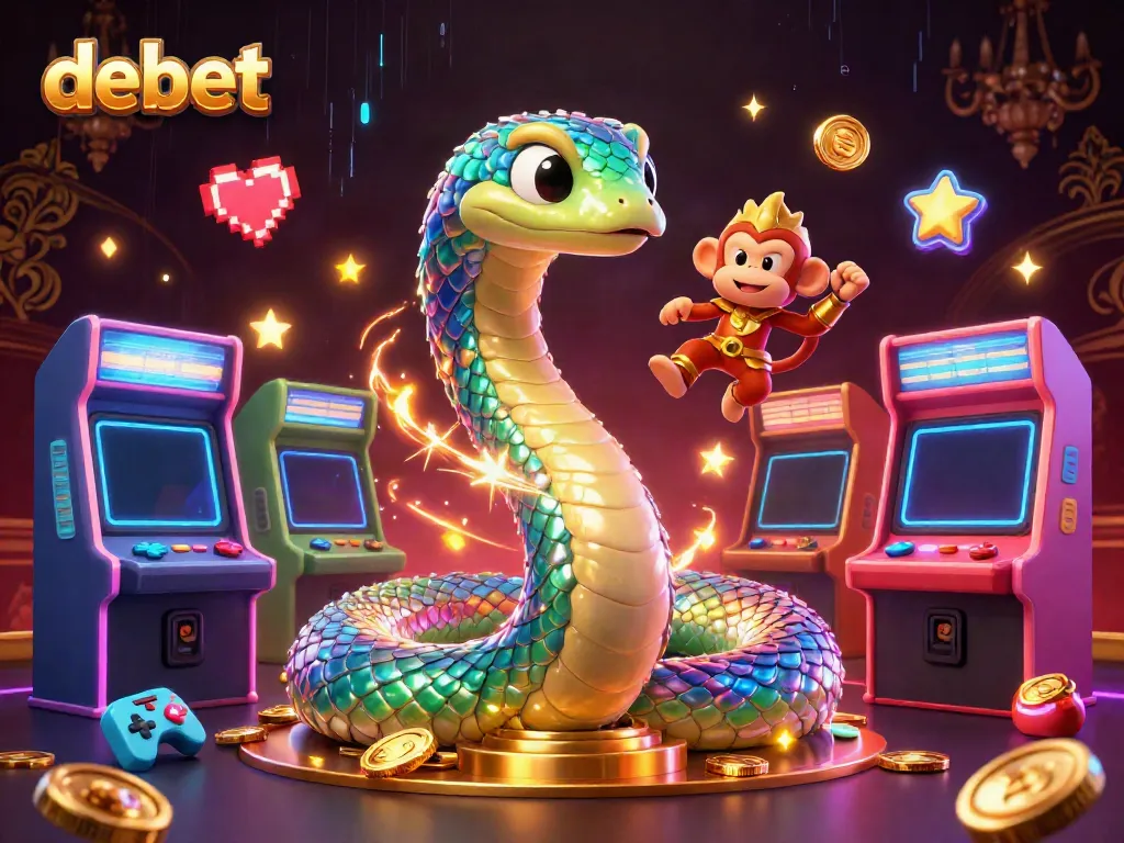 Experience gambling excitement with debet featuring a colorful scene with a rainbow serpent and arcade game elements.