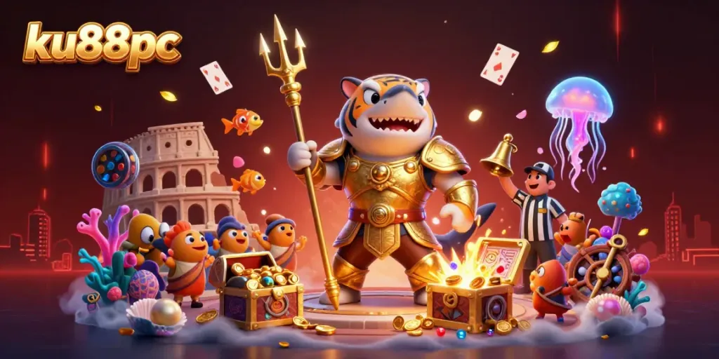 Engage in thrilling underwater action at ku88pc featuring a tiger shark and casino elements amidst vibrant treasures.