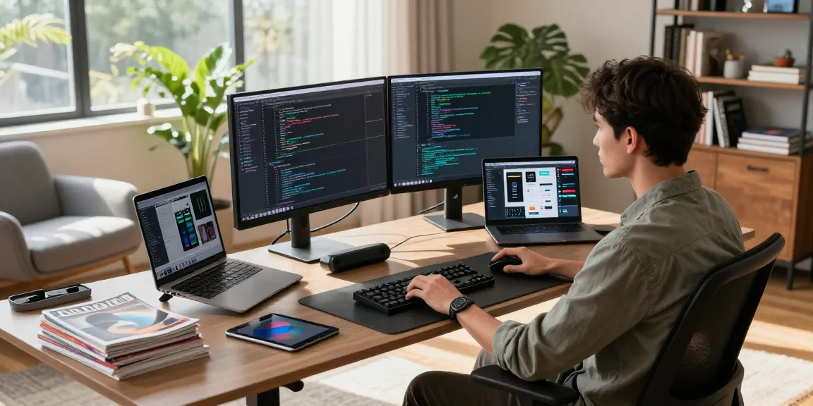 A developer at the WPS Official Website workspace, showcasing dual monitors with code and UI designs in a bright, contemporary office.