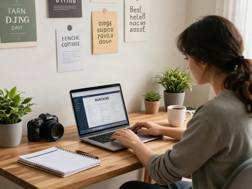 An energized workspace with a focused individual using rokok88 login on a laptop, surrounded by motivational decor and organizational tools.