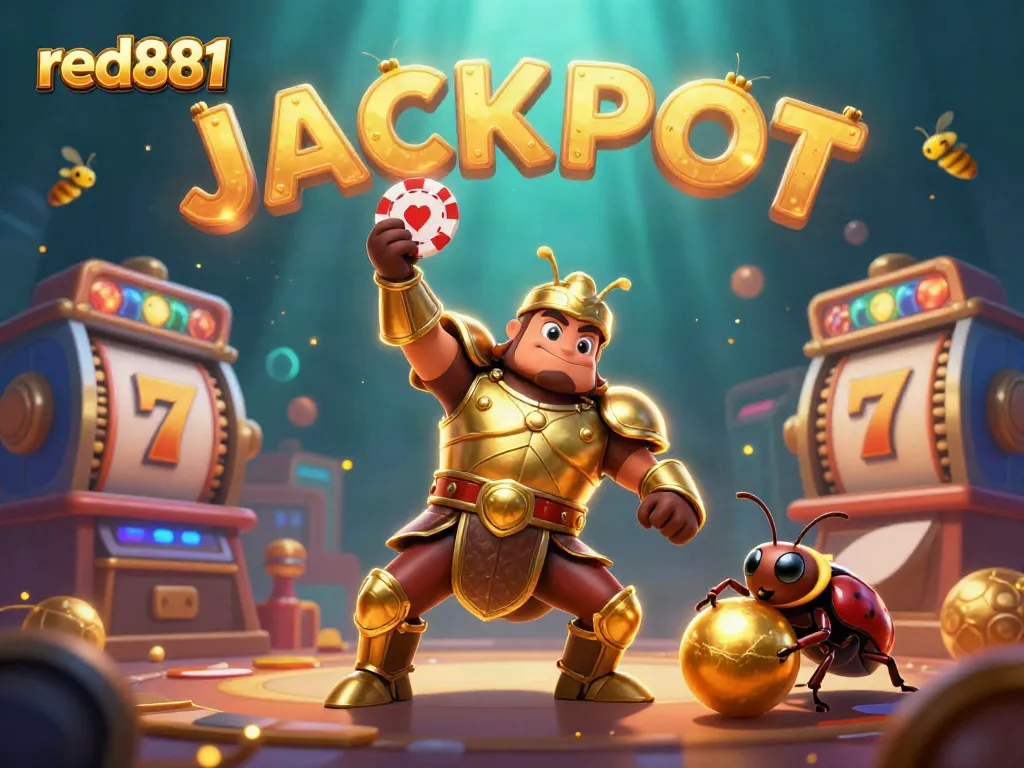 red881 slots victory scene with cartoon beetles, poker chip, and jackpot elements.