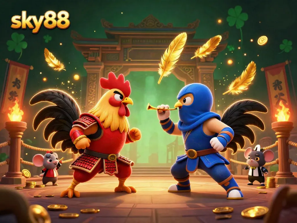 Engage in thrilling battles with sky88's vibrant gaming scene featuring samurai and ninja roosters.