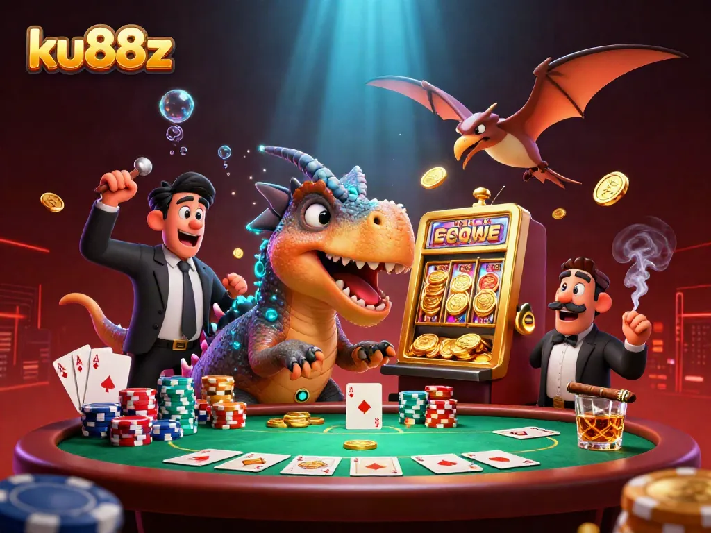 ku88z casino scene with dinosaurs, golden jackpot slot machine, and poker elements in vibrant colors