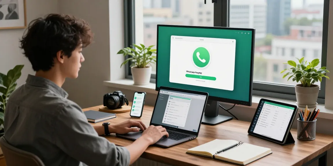 Efficient workspace with a professional using WhatsApp電腦版 on a large monitor and laptop.