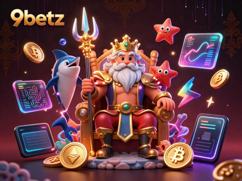 Engage with 9betz at a vibrant casino scene featuring characters and glowing crypto elements.