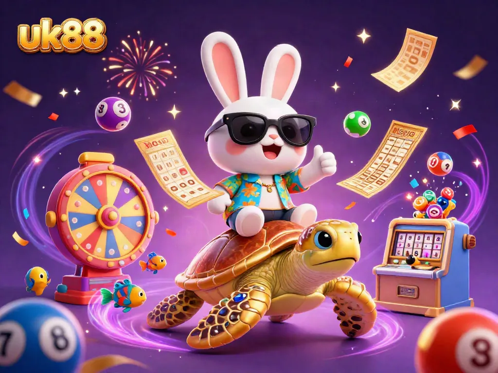Join the fun at uk88 with a lucky rabbit and a giant sea turtle surrounded by festive gaming elements.
