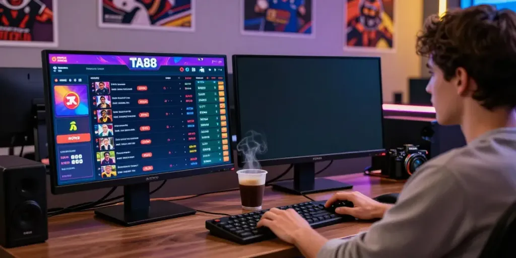 Engaged user betting on TA88 platform in modern gaming setup with vibrant sports displays.