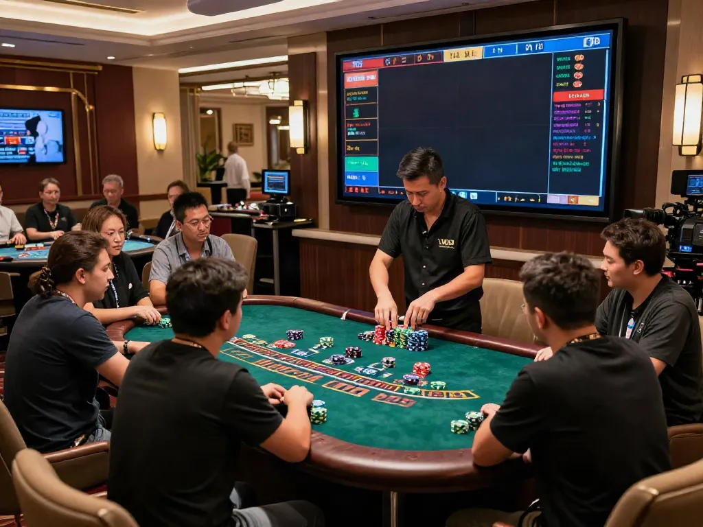 Live casino gaming atmosphere with uk88 dealer and players enjoying baccarat game.