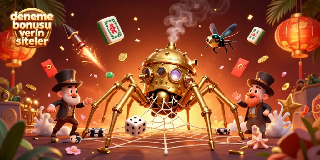 Catching themed luck at deneme bonusu veren siteler with a steampunk spider and poker chips.