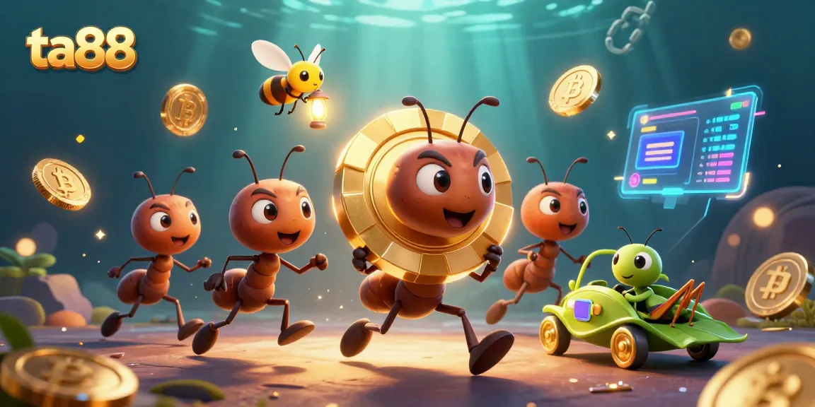 ta88 ants execute a thrilling heist with a giant poker chip amidst a dynamic crypto scene