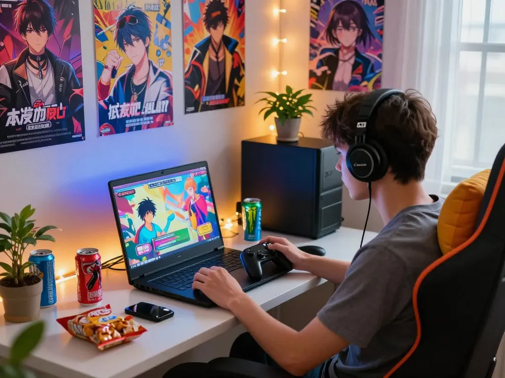 Engaging scene of a young adult playing game porn visual novel on laptop with colorful decor.