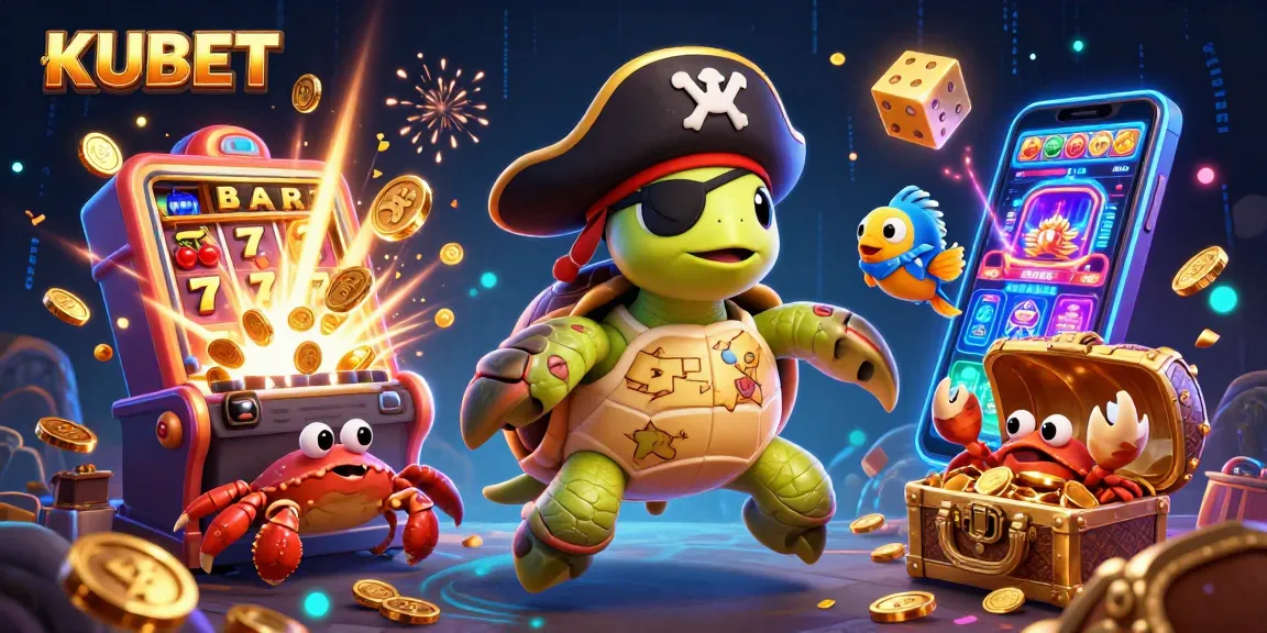 KUBET showcases a lively 3D casino scene featuring a pirate turtle, crab, and parrotfish amidst a jackpot explosion of colors, symbolizing thrilling gambling experiences.