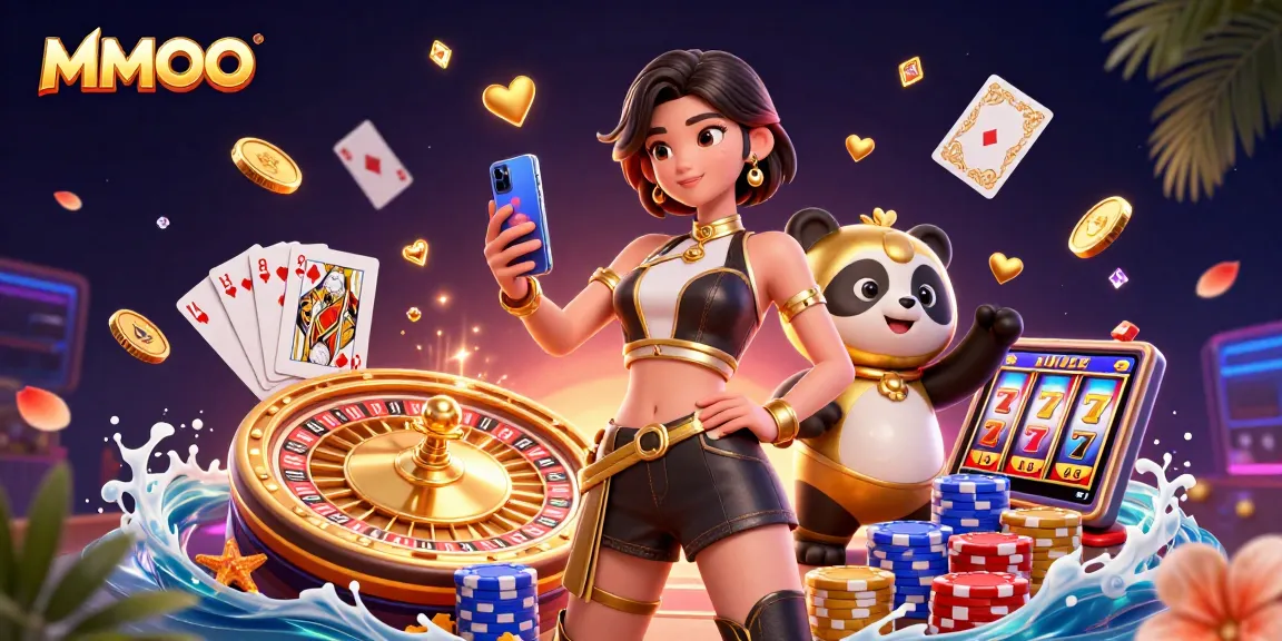 Engage with MMOO casino games through a vibrant scene depicting a dynamic Asian woman and panda enjoying gaming.