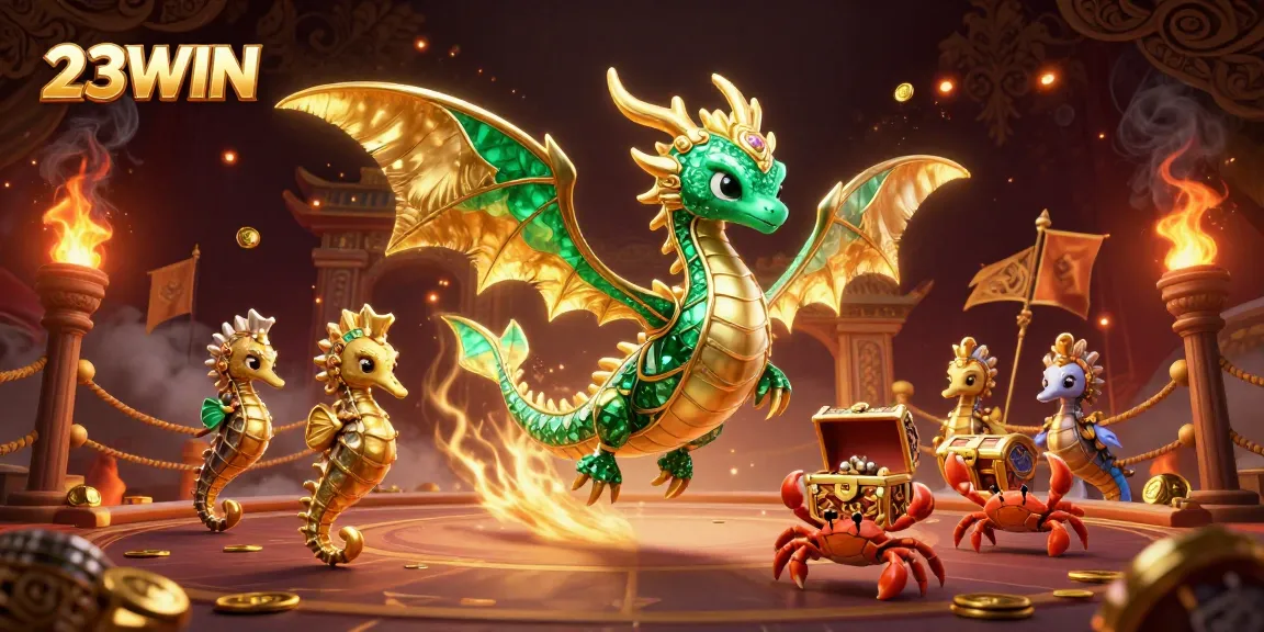 Experience thrilling gameplay at 23WIN with a majestic sea dragon guarding treasure amidst gambling elements.