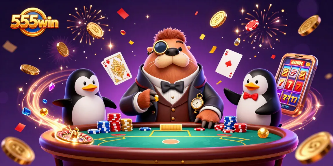 Experience the excitement of 555win with a vibrant underwater casino scene featuring a walrus, a penguin dealer, and a pufferfish player.