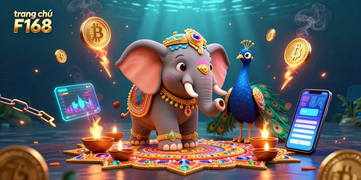Experience dynamic gameplay on trang chủ F168 with vibrant illustrations of unique casino elements and cryptocurrency.