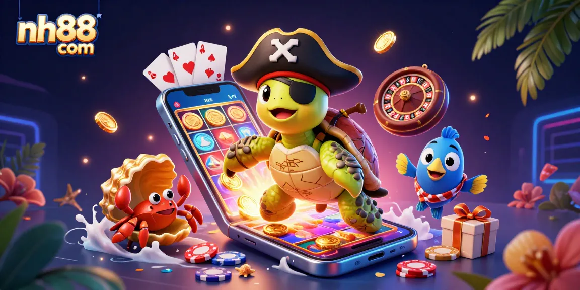Experience the fun at nh88 com with a vibrant 3D cartoon scene featuring a pirate turtle, hermit crab, and parrotfish amidst dynamic casino games.