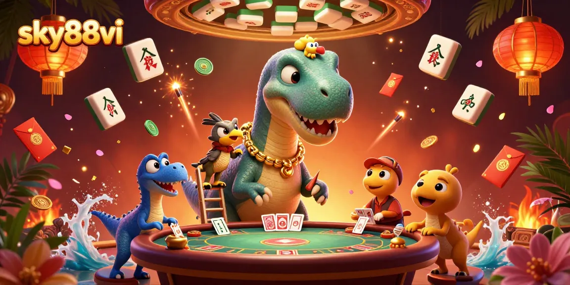 Experience thrilling poker action at sky88vi with a playful brontosaurus and clever raptor dealer.