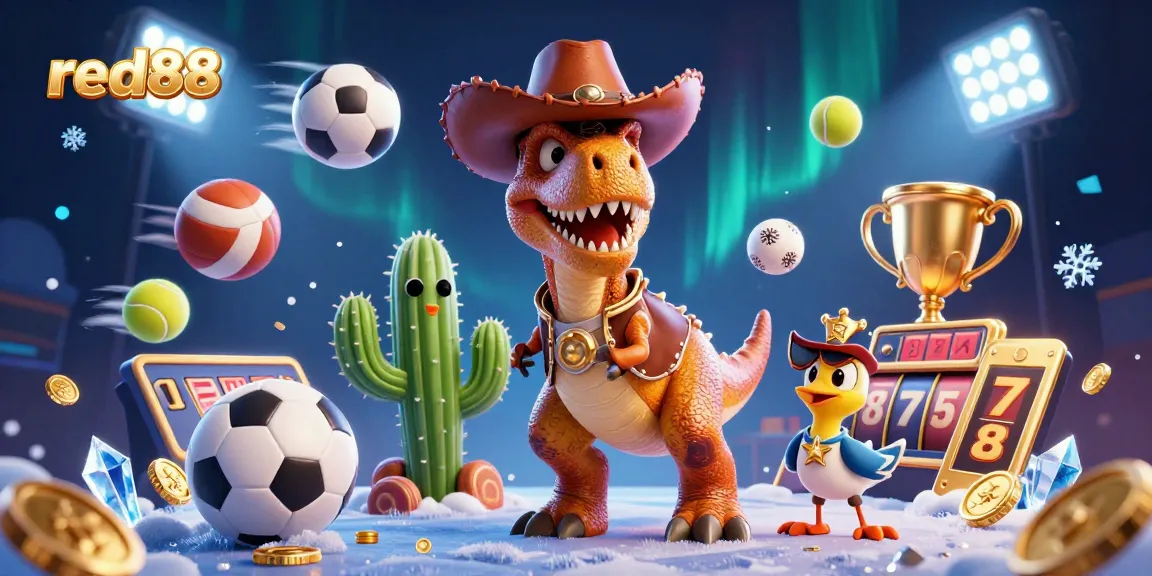 Join the thrill of red88 with a lively scene featuring a T-Rex, cactus, and roadrunner in a dynamic casino atmosphere.