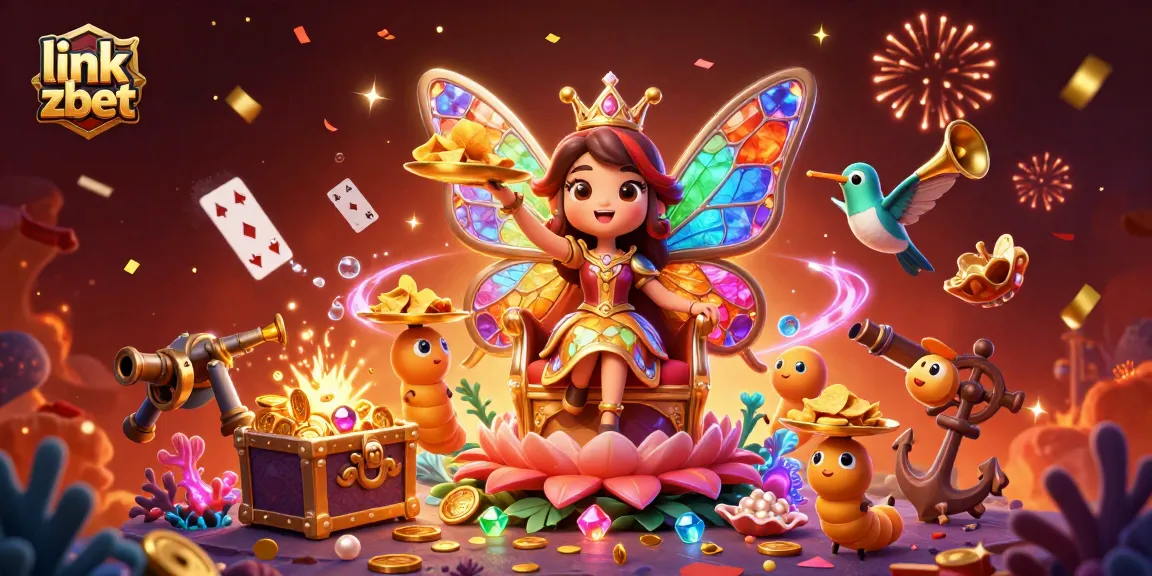 Engage with link zbet's vibrant gambling world featuring a butterfly queen and festive casino elements.