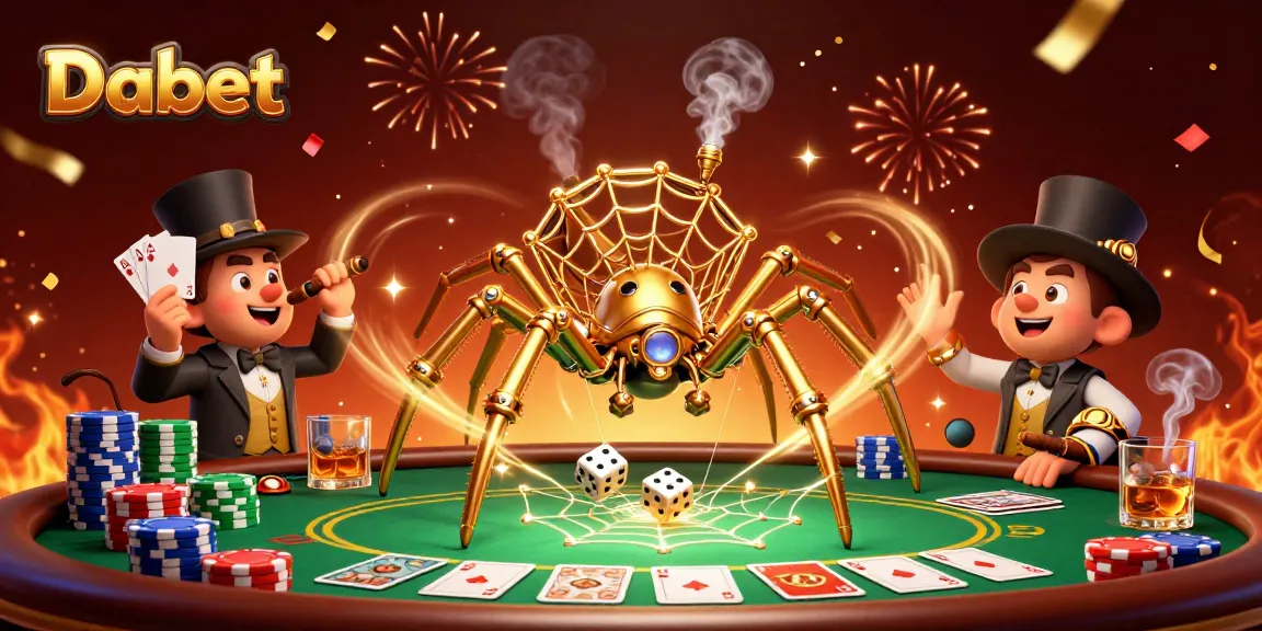 Dabet illustrates a fun gambling scene with a steampunk spider amidst vibrant poker elements.