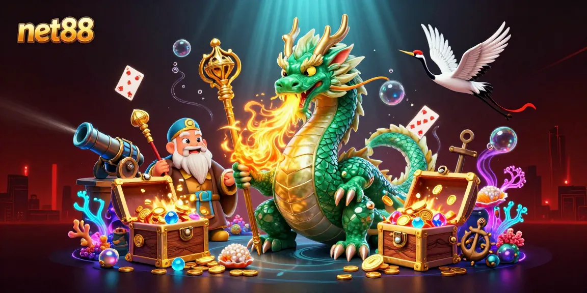 Experience the thrill of net88 with a captivating dragon and turtle sage in a vivid casino scene.