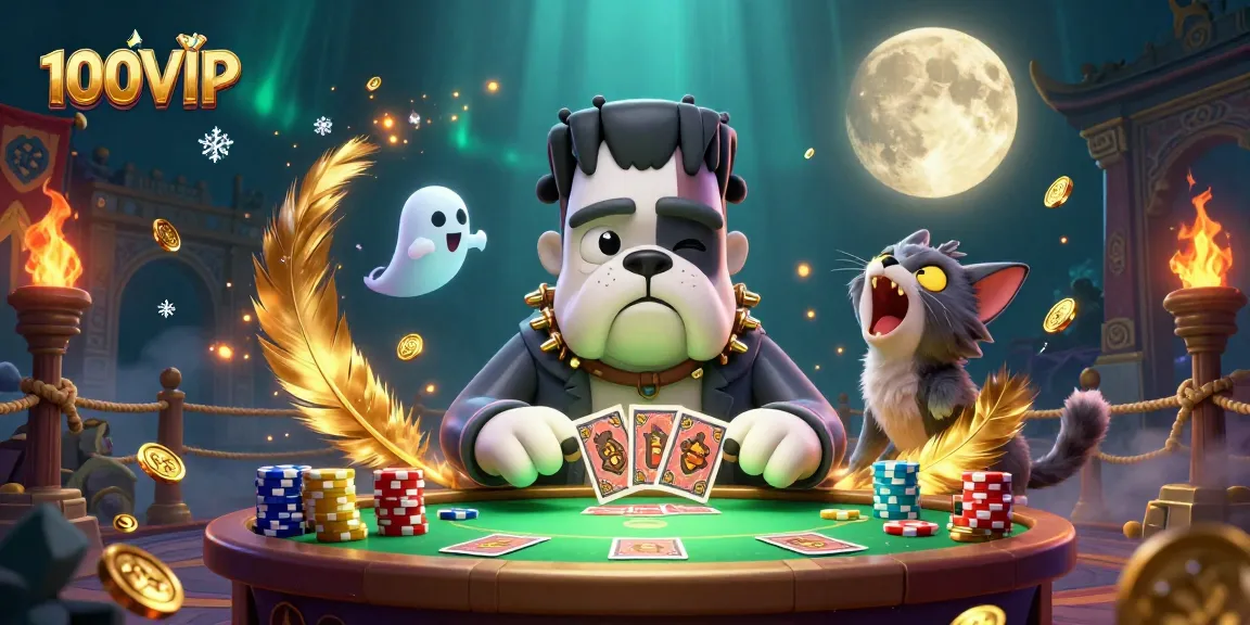 Engage in thrilling card games at 100VIP with colorful characters and dynamic casino scenes.