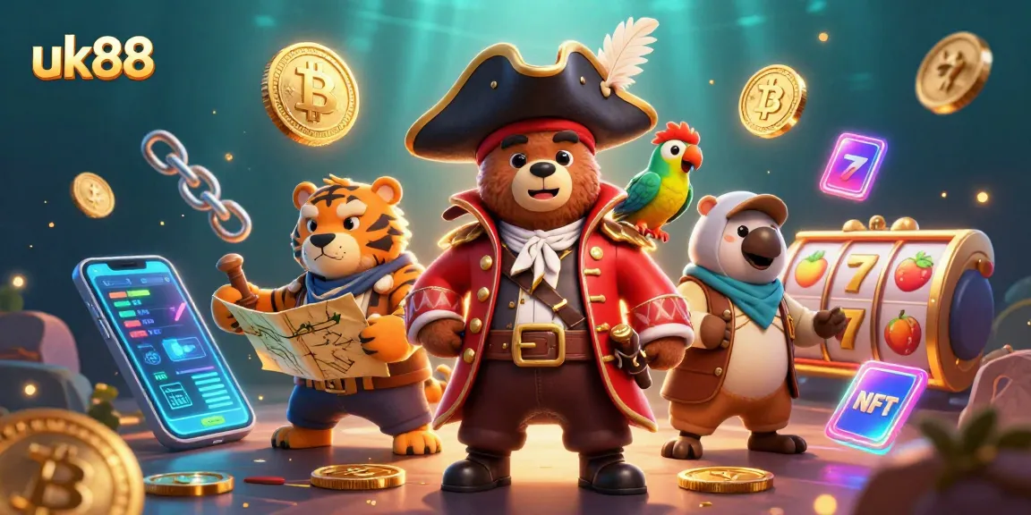 Engage with uk88 through a vibrant 3D casino scene featuring a pirate bear, tiger, and parrot amidst crypto elements.