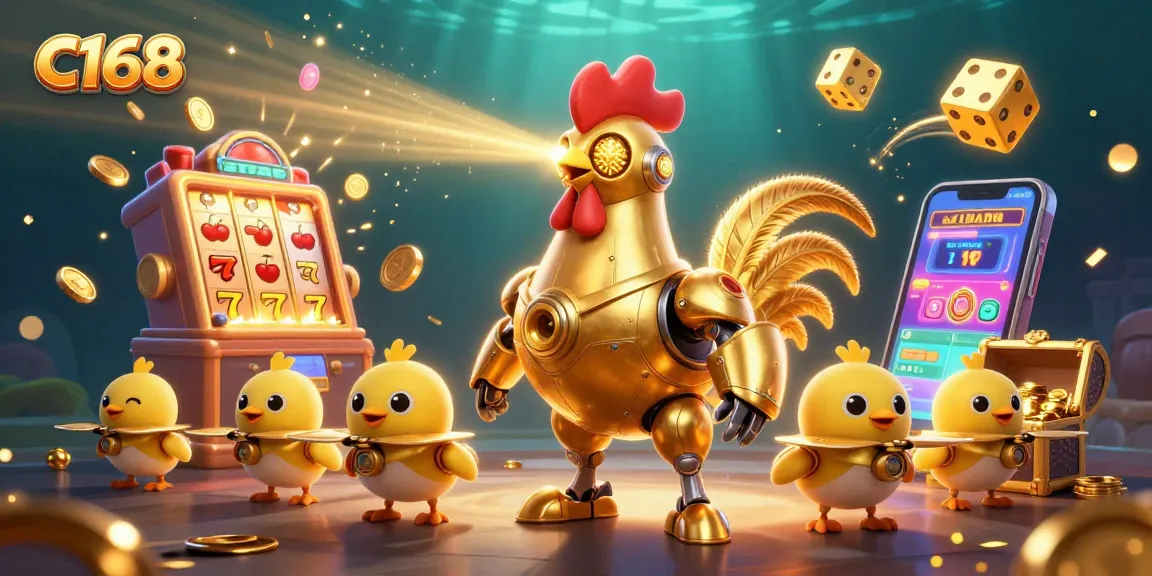 Engage with the thrilling C168 gaming experience amidst dazzling slot machines and futuristic elements.