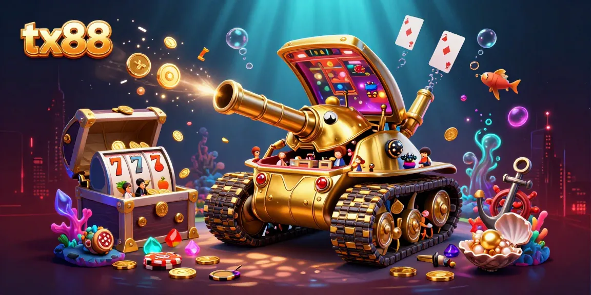 Engage with tx88's vibrant casino experience featuring a dynamic golden beetle tank illustration.