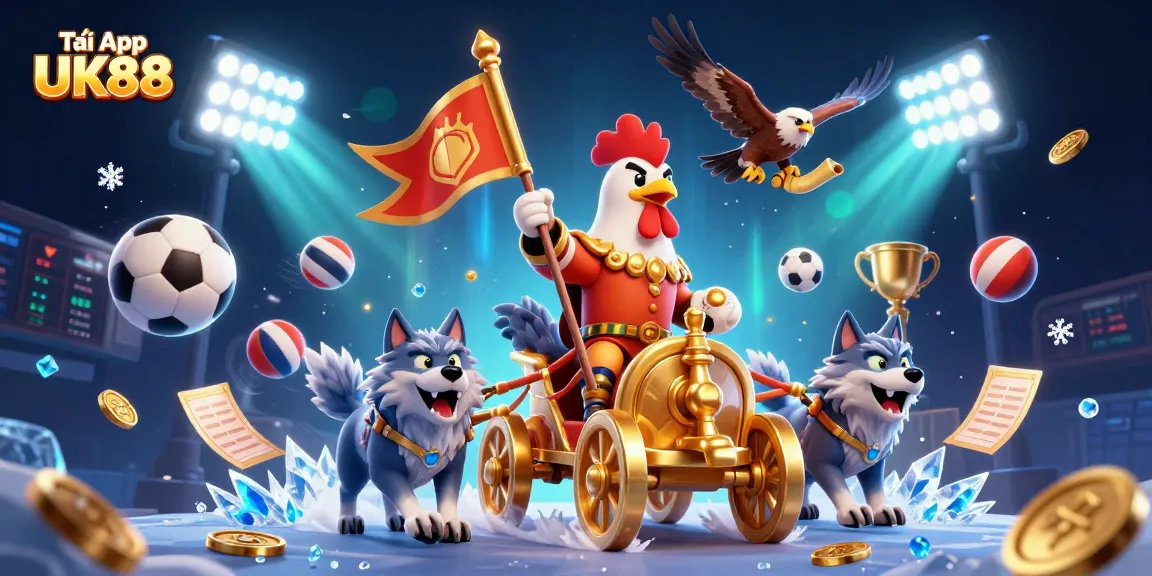 Tải App UK88 and enjoy an exciting gaming experience with a cartoon rooster warlord in action.