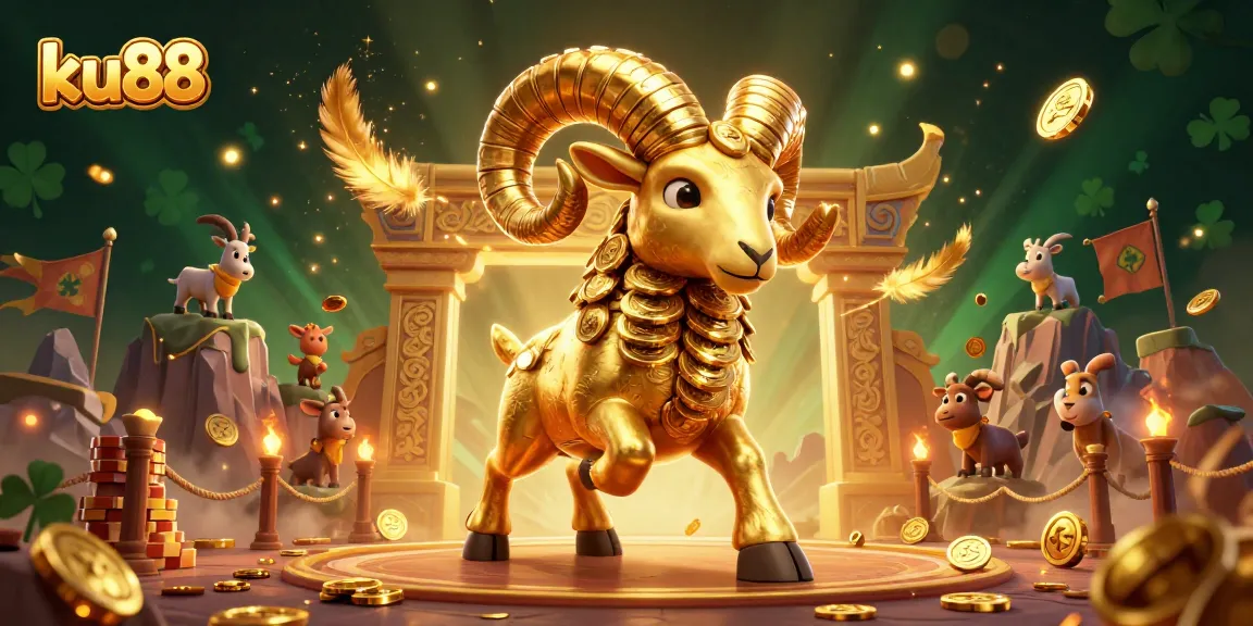 Experience thrilling action at ku88 with a golden ram charging towards victory amidst vibrant casino elements.
